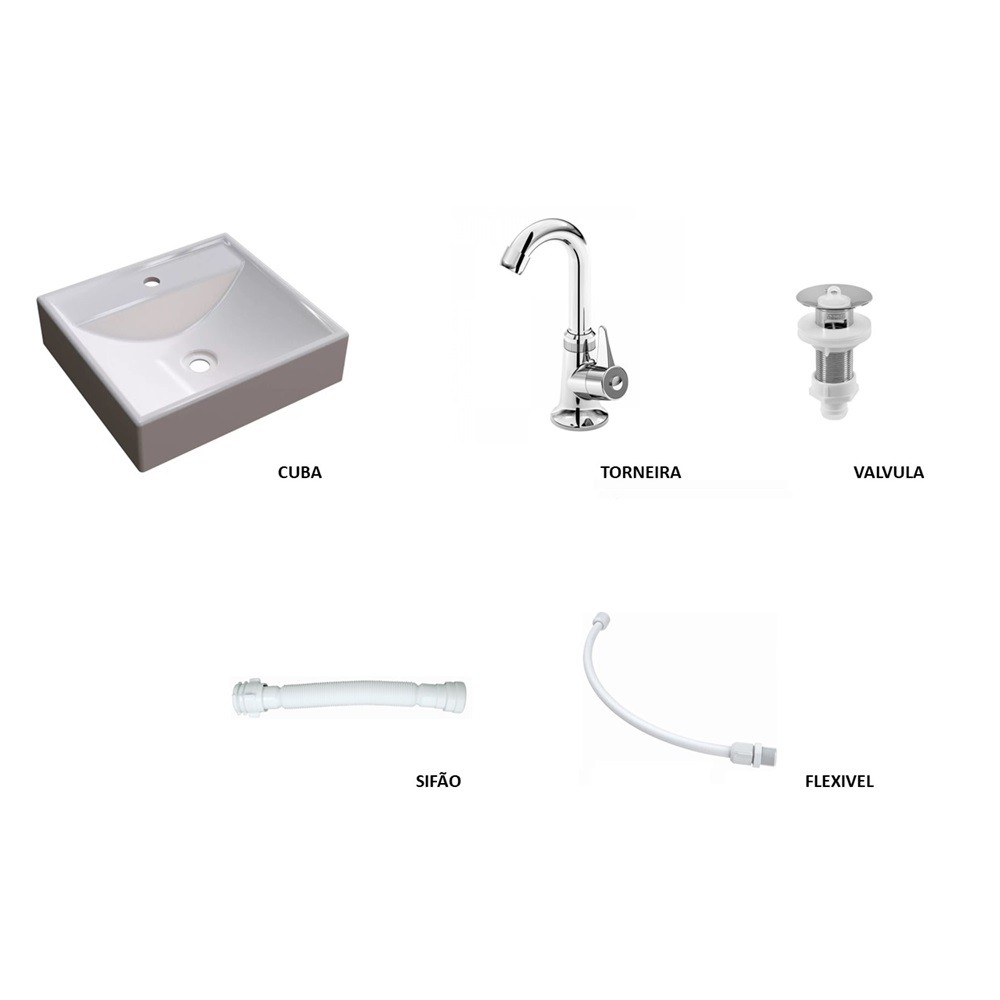 Kit completo acessorios para gabinete de banheiro com Cuba Q39, Torneira e Sifao
